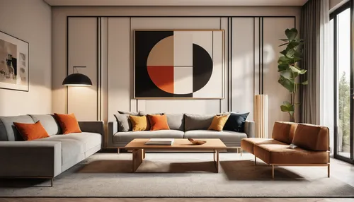 Bauhaus Style Interior Design, Living Room, geometric shapes, functional simplicity, harmony between form and function,mid century modern,apartment lounge,modern decor,contemporary decor,modern living