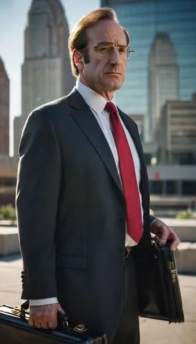 Mature man, Saul Goodman, 40s, bespectacled, short brown hair, trimmed beard, business attire, black suit, white shirt, red tie, holding a briefcase, standing, confident posture, cityscape, skyscraper