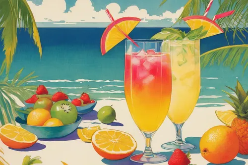 tropical drink,fruitcocktail,summer still-life,fruit cocktails,colorful drinks,rum swizzle,tequila sunrise,coctail,colored pencil background,delight island,tropical floral background,tropics,summer fruit,watercolor cocktails,beach bar,tropical beach,summer background,sub-tropical,bellini,fresh orange juice,Illustration,Retro,Retro 07