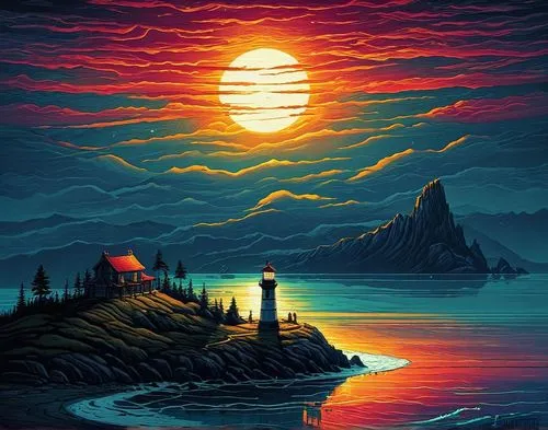 lighthouse,lighthouses,red lighthouse,coast sunset,lake superior,travel poster,Illustration,Realistic Fantasy,Realistic Fantasy 25