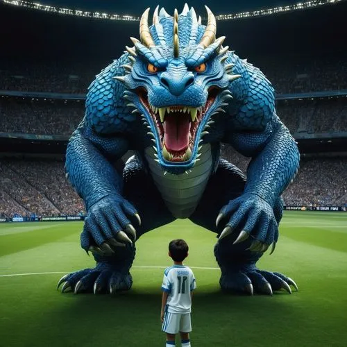 The giant soccer player prepares to face off against the funny  blue dragon with blue eyes its scales shimmering in the moonlight. The dragon's eyes are fixed on the throne, and its roar echoes throug