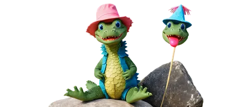 Cute cartoon alligator, green scaly skin, big round eyes, smiling face, white teeth, short legs, webbed feet, colorful hat, holding lollipop, sitting on rock, warm sunlight, soft focus, pastel color t