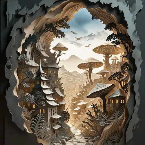 an artistic wall hanging with a cityscape,escher village,fantasy picture,3d fantasy,cave on the water,background design,fantasy landscape