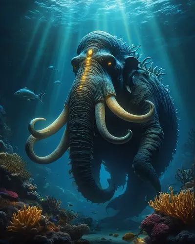 Majestic mastodon, Leviathan-inspired, underwater creature, ancient beast, massive body, long hair-like tendrils, glowing blue bioluminescent markings, piercing golden eyes, sharp tusks, majestic post