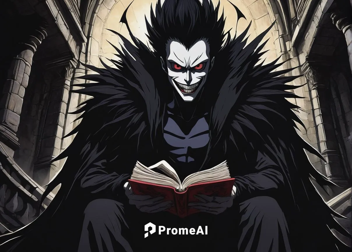 Death Note Ryuk, Shinigami, dark cloak, pale skin, red eyes, spiky black hair, sharp facial features, menacing smile, holding Death Note, dimly lit, ominous atmosphere, Gothic architecture, stone wall