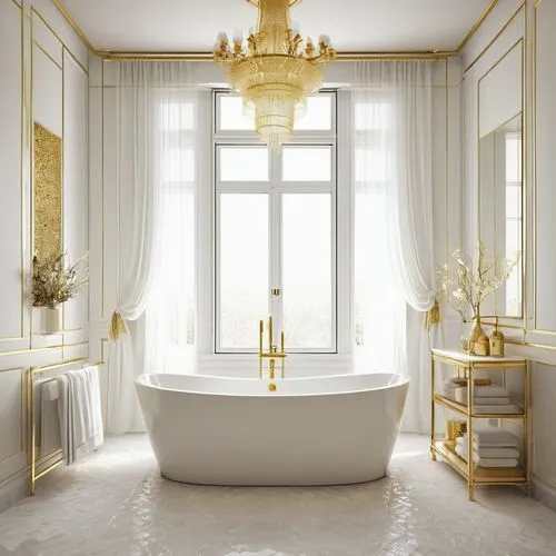 luxury bathroom,bath room,ensuite,ritzau,bathtub,gold stucco frame,bath,gold wall,blanquette,brassware,bagno,gold lacquer,luxury home interior,meurice,cream and gold foil,enfilade,luxurious,versailles,poshest,vanities,Illustration,Realistic Fantasy,Realistic Fantasy 15