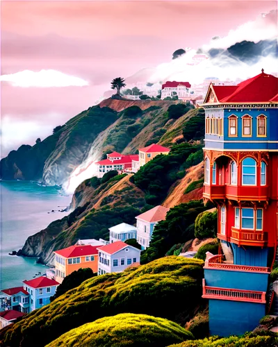 San Francisco cityscape, urban landscape, Victorian houses, steep hills, foggy atmosphere, Golden Gate Bridge, Alcatraz Island, colorful buildings, intricate architecture, bay windows, ornate details,