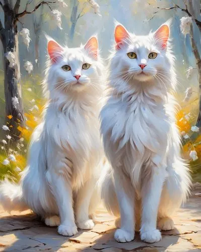 a colorful oil abstract painting with palette knife of two white angora cats, in the style of marcin sobas, 32k uhd, animals and people, oil painter, intense light and shadow, ferrania p30,two white c