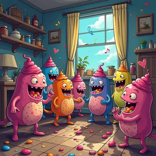 three cartoon characters dressed as monsters in a room with blue walls,pink balloons,peppas,happy birthday balloons,colorful balloons,a party,birthday balloons