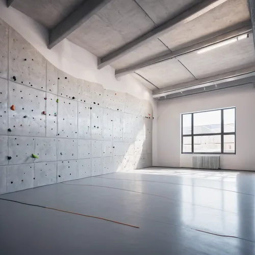 minimalistic small gym on a busy street with windows that are covered to only show a blur of the busy sweet. The walls are white and the floor is from concrete. Some walls are lit with warm light neon