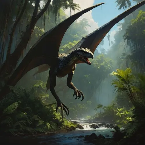 microraptor,eoraptor,forest dragon,deinonychus,dromaeosaurs,quetzalcoatlus,ornitholestes,utahraptor,anchiornis,dromaeosaur,oviraptorid,pellucidar,burragorang,ornithopods,cretaceous,saurornitholestes,gigantoraptor,pteranodon,raptor,compsognathus,Conceptual Art,Oil color,Oil Color 11