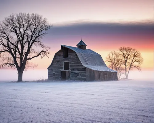 barn near Boyer Chute in Fort Calhoun Nebraska in the freezing fog at sunrise,winter landscape,snowy landscape,red barn,snow landscape,winter morning,hoarfrost,old barn,winter house,farm landscape,ver