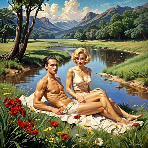 idyll,young couple,the blonde in the river,adam and eve,sunbathers,naturism