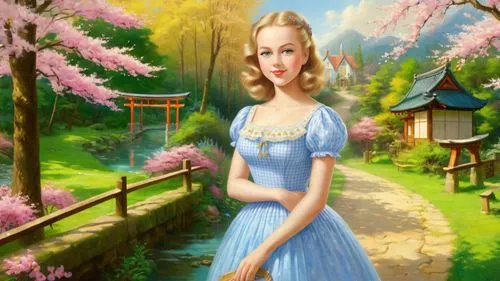 Romantic masterpiece oil painting, cute girl portrait, nostalgic 1950's style kitsch, beautiful exotic rural Japanese landscape, cherry blossom scenery, Shinto Japanese sakura, flower petals, by Thoma