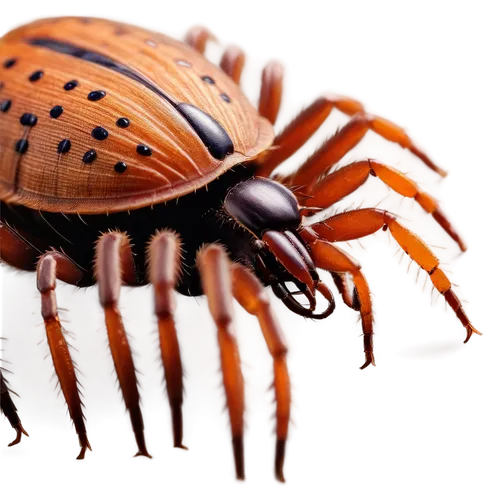 Ticks, macro photography, solo, close-up, brown body, eight legs, oval shape, detailed texture, shiny exoskeleton, tiny eyes, mouthparts, claws, dark background, dramatic lighting, high contrast, 3/4 