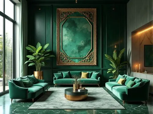 Malachite inspired design, luxurious interior, modern villa, large windows, green malachite walls, ornate golden frames, marble floors, intricate patterns, velvet sofas, emerald green accents, copper 