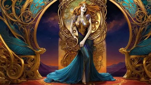 fantasy art,priestess,fantasy picture,sorceress,blue enchantress,zodiac sign libra,harp player,fantasy portrait,horn of amaltheia,golden candlestick,celtic queen,fantasy woman,gatekeeper (butterfly),mirror of souls,celtic harp,harpist,merfolk,golden crown,faun,gold foil mermaid