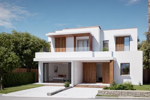 CREA UNA VIVIENDA PARTE TRACERA ,EL PRIMER MÓDULO EN BLANCO EL SEGUNDO EN MADERA COLOR MARRÓN,modern house,3d rendering,dunes house,holiday villa,render,residential house,stucco frame,smart house,gard