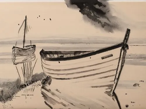 boat landscape,boat on sea,mesdag,withdrawn,coble,ink painting,Illustration,Paper based,Paper Based 30