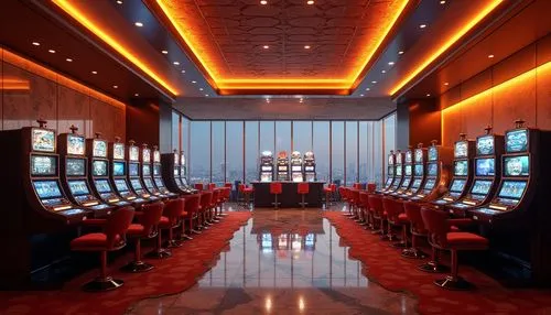 Warm amber lights, luxurious high-tech casino, sleek modern architecture, metallic accents, polished marble floors, intricately designed slot machines, flashy LED displays, golden ratio composition, s