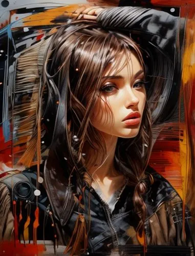 brown suede fringe jacket, braided hair,art painting,photo painting,painter doll,fashion illustration,world digital painting,oil painting,painter,mystical portrait of a girl,oil painting on canvas,ita