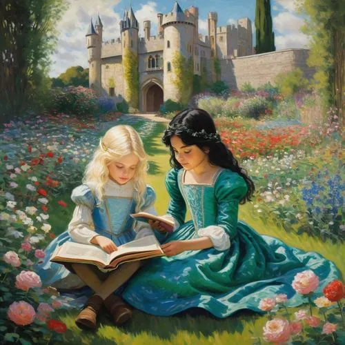 children studying,little girl reading,a fairy tale,fairy tale,lectura,storybook,bookworms,princesses,fairytales,reading,storybooks,girl picking flowers,fantasy picture,girl studying,fairytale characters,prydain,tutor,childrens books,scholastic,pevensie,Art,Artistic Painting,Artistic Painting 04