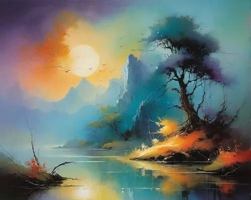 fantasy landscape,world digital painting,fantasy picture,landscape background,river landscape,sea landscape,coastal landscape,fantasy art,an island far away landscape,dreamscapes,dreamscape,volcanic landscape,aivazovsky,watercolor background,nature landscape,landscape,art painting,foggy landscape,high landscape,jianfeng,Illustration,Realistic Fantasy,Realistic Fantasy 16