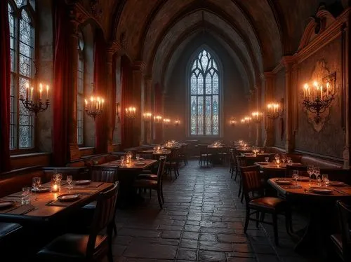 Gothic style restaurant interior, dimly lit, mysterious ambiance, corrugated metal walls, ornate stone columns, grand high ceilings, stained glass windows, intricate wooden furniture, luxurious velvet