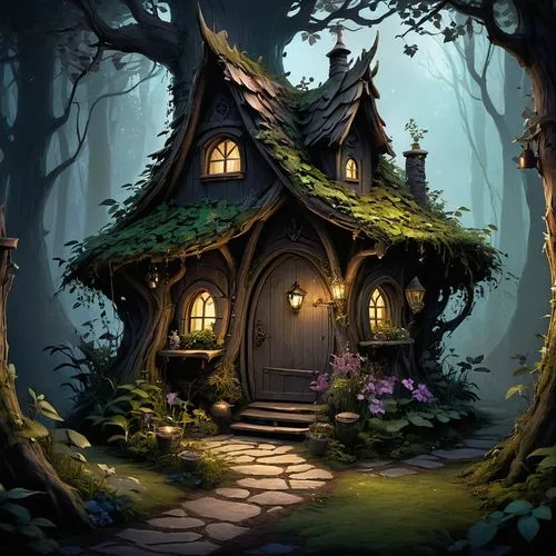 witch's house,house in the forest,fairy village,fairy door,little house,forest house,Illustration,Realistic Fantasy,Realistic Fantasy 16