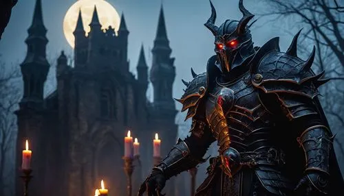 Dark fantasy, Night Lords, First Claw, demonic creature, sharp claws, glowing red eyes, muscular arms, black armor, intricate metal details, dark magic aura, misty foggy atmosphere, full moon, gothic 