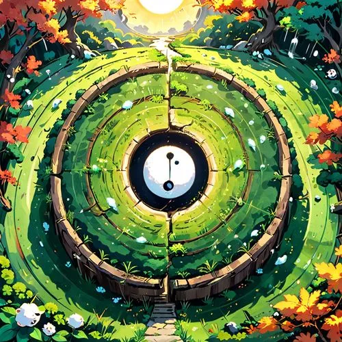 round autumn frame,wishing well,autumn round,time spiral,crescent spring,little planet,overworld,mountain spring,round hut,circle,arbor,okami,ghibli,spiral background,circle around tree,little world,tunnel of plants,spiral,round window,water spring,Anime,Anime,Cartoon