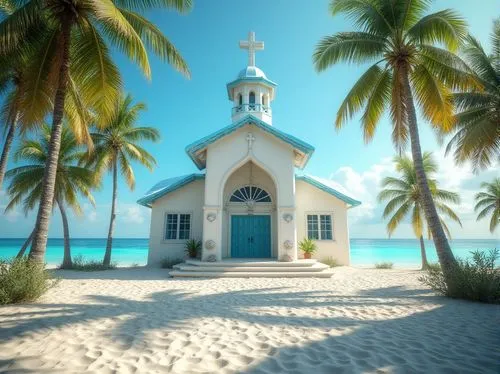 Beachside church, tropical climate, coastal architecture, large windows, natural light, cross-shaped structure, white walls, blue roof, seashell decorations, palm trees surroundings, sandy beach, clea