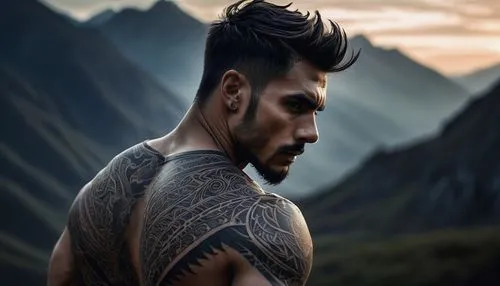 Man, masculine, muscular, shoulder blade, intricate tattoos, tribal patterns, bold lines, dark ink, ripped sleeveless shirt, athletic physique, intense gaze, strong jawline, messy short hair, stubble,