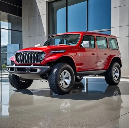 a red jeep parked in front of a glass building,jeep gladiator rubicon,jeep rubicon,jeep,jeepster,mahindra,wrangler,Photography,General,Realistic