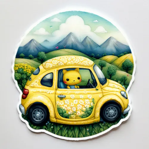 yellow car,flower car,yellow taxi,yellow sticker,wooser,vwbus,honey jar,cinquecento,taxi,fiat 500 giardiniera,planted car,campervan,vw van,trabant,small car,bumblebee,road trip target,city car,2cv,springtime background,Illustration,Abstract Fantasy,Abstract Fantasy 06