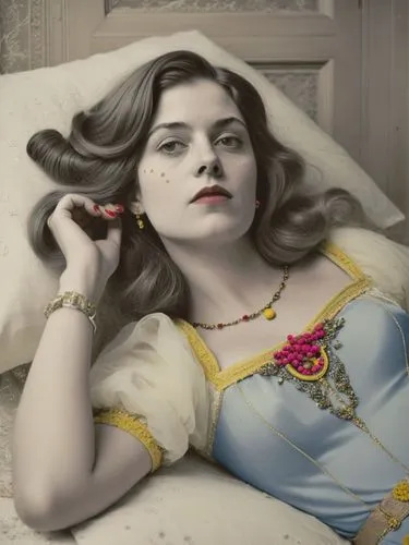 Lady Snow-White 1970,a woman in a dress is lying on her side,woman on bed,odalisque,margairaz,the sleeping rose,madhubala,tretchikoff,Photography,Documentary Photography,Documentary Photography 07