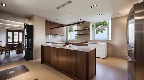 Inside a sleek and modern kitchen, a marble countertop made entirely of rich mahogany wood sits in the center of a wooden table. The wooden grain glistens, showcasing the warmth of the sun. Tears stre