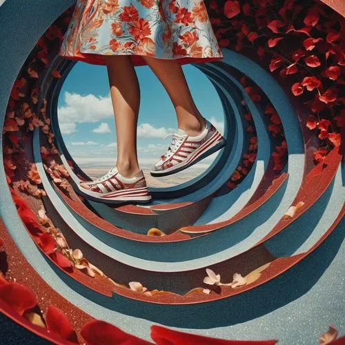 In a surreal and captivating scene, a woman in a floral dress and a stylish pair of sneakers steps into a distorted perspective of a spiral. The petals of the sandals shimmer with a glittering radianc