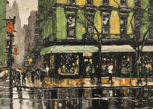 david bates,braque saint-germain,1921,street scene,1926,1906,1905,broadway,1925,braque francais,streetcar,watercolor paris shops,5th avenue,boulevard,walking in the rain,watercolor shops,1929,post impressionist,man with umbrella,new york streets,Conceptual Art,Oil color,Oil Color 18