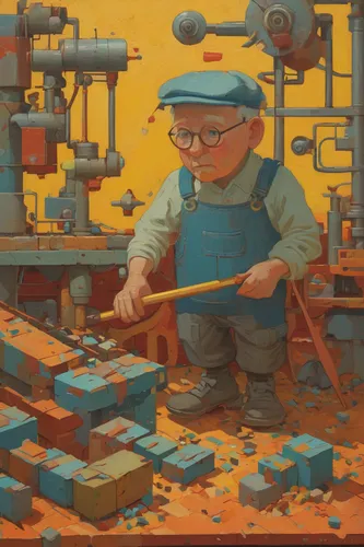 Create a humorous scene where a mischievous nubble wreaks havoc in a toy factory.,brick-making,bricklayer,jigsaw puzzle,worker,factory bricks,machinery,mechanic,tinsmith,yellow machinery,engineer,lead