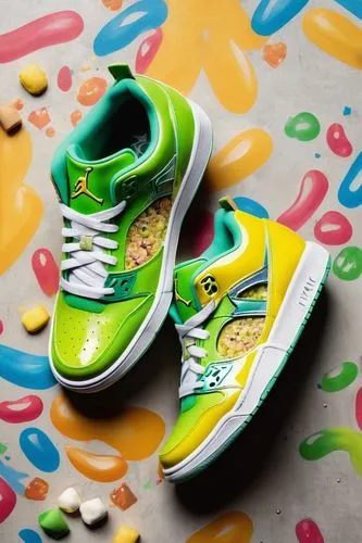 Lucky Charms themed sneakers, Jordan brand, bright green and yellow colors, sparkly marshmallow details, cereal box inspired design, shiny patent leather, white laces, low-top silhouette, relaxed fit,