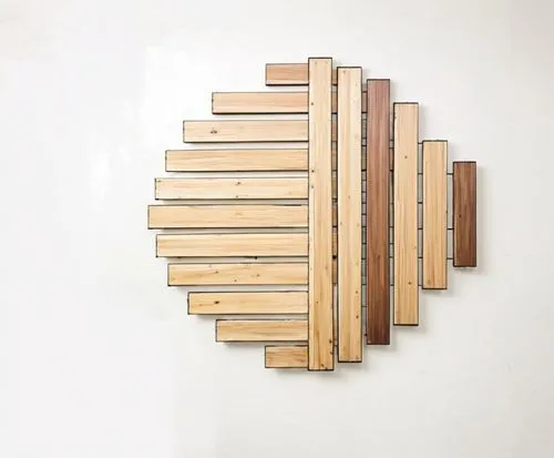 a wall decor made of wood and metal against a white background,a clock made out of wooden slats on the wall,wooden mockup,wooden ladder,wooden shelf,wooden stair railing,wooden ruler,wooden stairs,Con