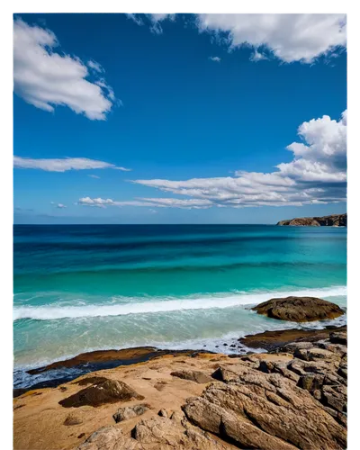 Seascape photograph, calm ocean, clear blue water, gentle waves, sandy beach, rocky shore, sunny day, dramatic cloudy sky, low-angle shot, wide-angle lens, vibrant color tone, high contrast, detailed 