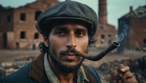 portrait, gipsy male, 30 years old, with a big gipsy hat, smoking a big pipe, in front of ruined brick factory,barfi,saawariya,naseeruddin,kammula,ranveer,whishaw,lakhvi,salim,riario,haider,amitabh,kh