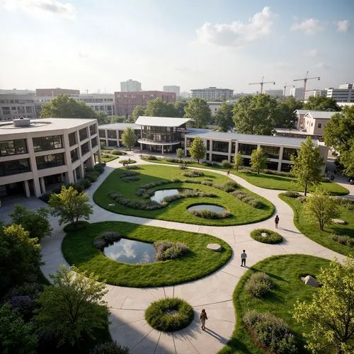 Vibrant university campus, lush green spaces, winding pedestrian paths, modern academic buildings, sleek glass facades, cantilevered roofs, outdoor amphitheaters, scenic lookout points, integrated rai