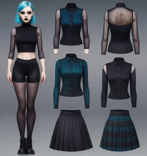 Paper doll goth blue dyed haired girl in black sleeveless shirt ,black tight fit spandex shorts, complete full length fishnet and black boot standing surrounded by with a set of goth fashion clothing,