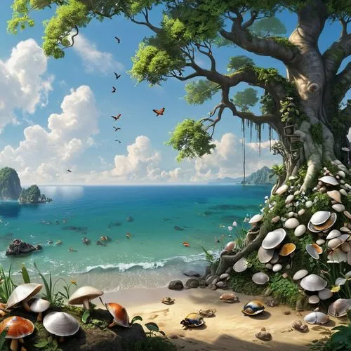 mushroom island,mushroom landscape,beach landscape,background with stones,cartoon video game background,fantasy landscape,an island far away landscape,coastal landscape,landscape background,beach scenery,sea landscape,hoenn,mountain beach,dream beach,seashore,children's background,fairy world,coral reef,tropical sea,fairy forest,Unique,Design,Character Design