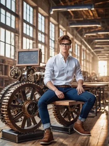 Modern university campus, design architecture course, young adult, male student, messy short brown hair, black-framed glasses, casual wear, white shirt, dark blue jeans, sneakers, holding a large port