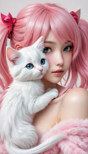 doll cat,pink cat,porcelain dolls,realdoll,cat kawaii,female doll,artist doll,cheshire,white cat,designer dolls,painter doll,color pink white,japanese doll,white pink,white-pink,kitsune,doll looking in mirror,barbie,doll figure,porcelain doll,Conceptual Art,Fantasy,Fantasy 03