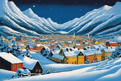 winter village,christmas landscape,alpine village,christmas town,snow scene,aurora village,hamelin,mountain village,christmas scene,nordic christmas,escher village,north pole,nativity village,christmas snowy background,christmas village,advent calendar,christmas market,winter landscape,christmasbackground,surselva,Illustration,Black and White,Black and White 22